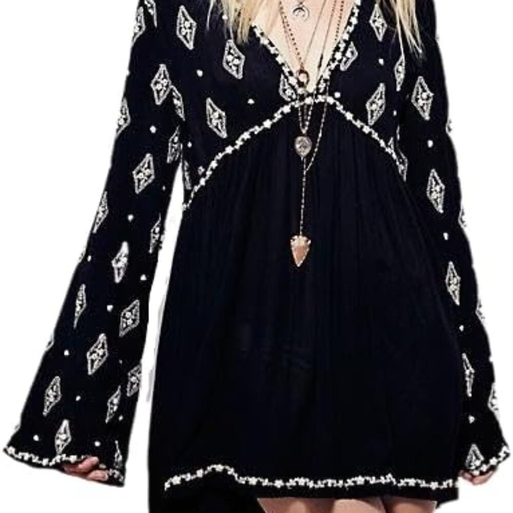 Womens Floral Embroidered Ruffle Flowy Tunic Mini Dress XL